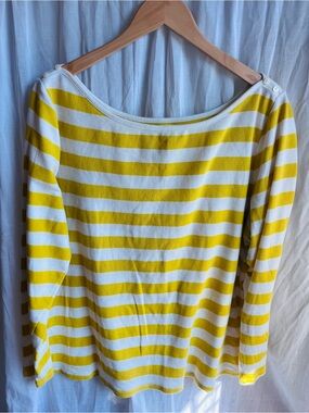 Yellow and White Striped Boatneck Long Sleeve Knit Top